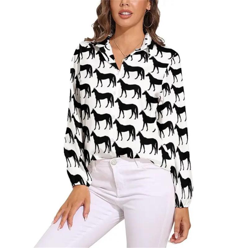 Camicia Colorata con Cavalli a Manica Lunga Camicie da Donna Cavalli Segreti Corse Camicie Vintage Top da Strada Femminili Primavera Estate