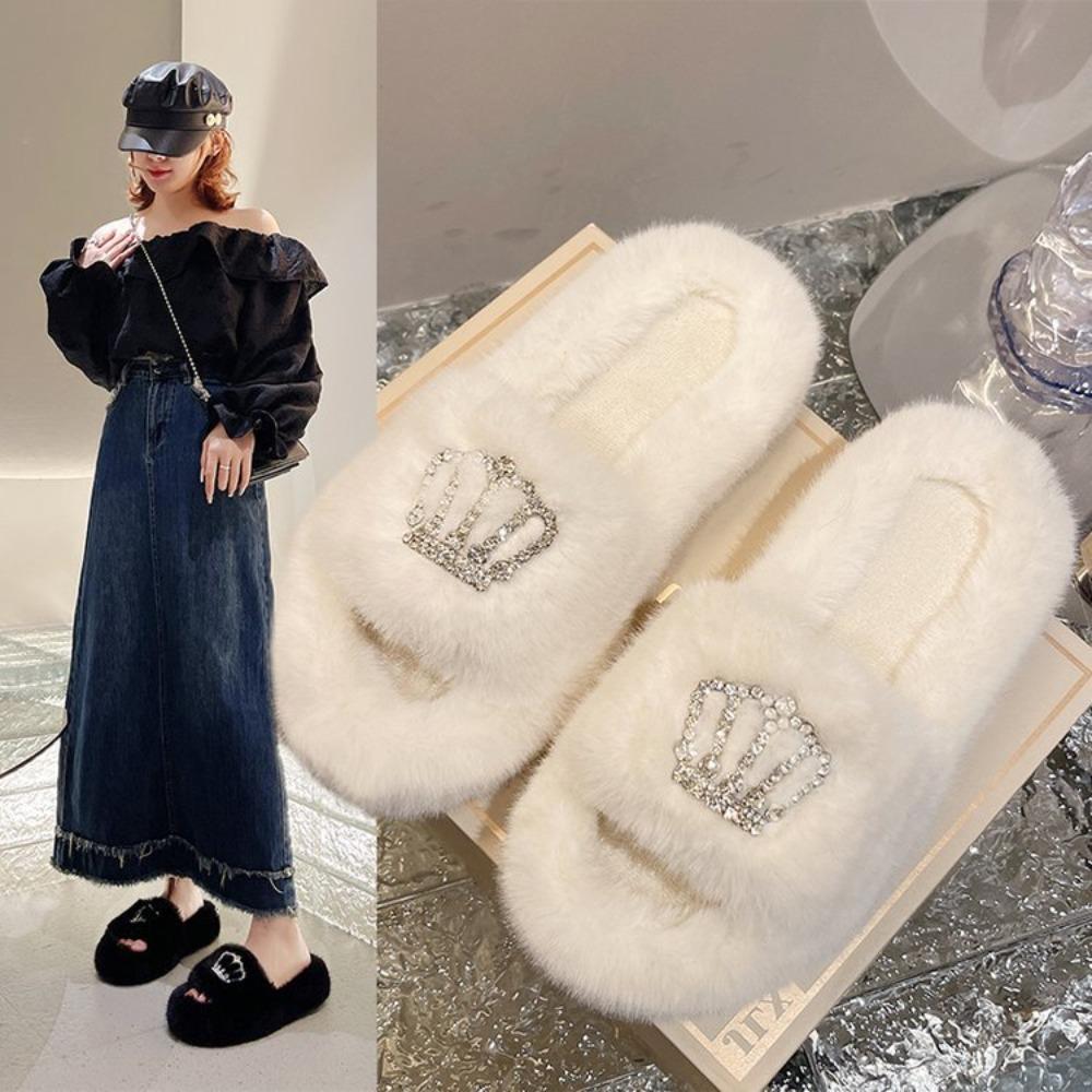 Fashion Winter Fashion Soft Warm New Comfort Flat Fur Slipper Outside Fluffy Slippers Indoor Soft Plush Shoe Women Luxury Slippers