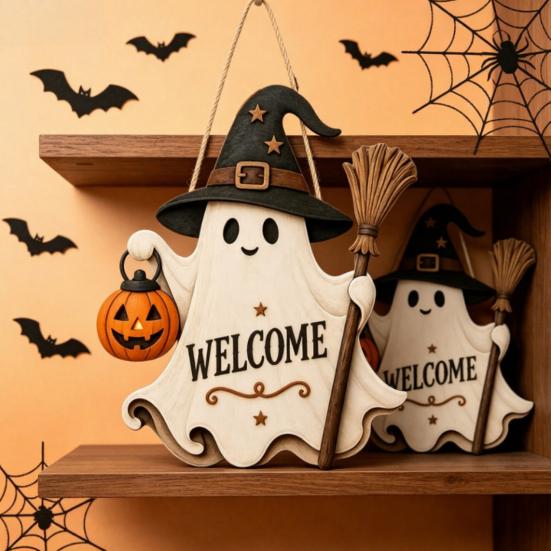 Cute Halloween Hanging Wooden Door Sign, Ghost Welcome Ornament with Witch Wall Decor Hat Pumpkin Lantern Design, Holiday for Front Porch Entryway