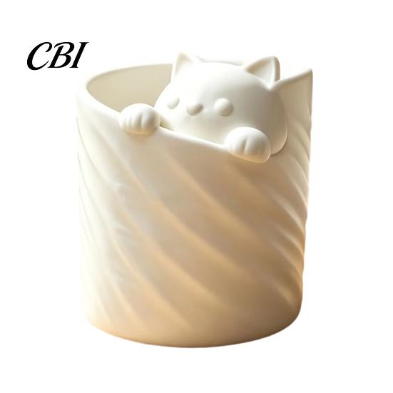 Pen Container 3D Printed Holder, Cat Shape Large Capacity Hollow Barrel Desk Organizer for Gel Pens Pencils Makeup Brushes, Cute Girlish Decor