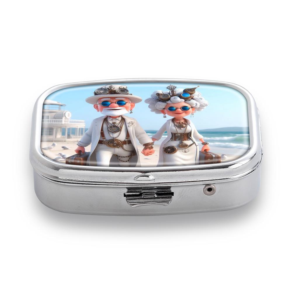 Portable Pill Box with 2 Compartments, Mini Metal Medicine Organizer Case, Cute Printed Pill Container for Vitamins, Pills, Jewelry, Travel, Daily Use
