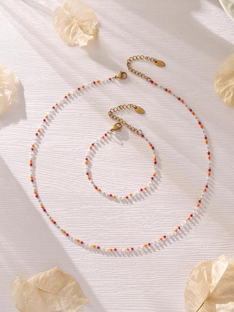 18k Gold Plated Stainless Steel Zirconia Flower Necklace & Bracelet Set with Natural Stone Beads - Light Luxury Jewelry.