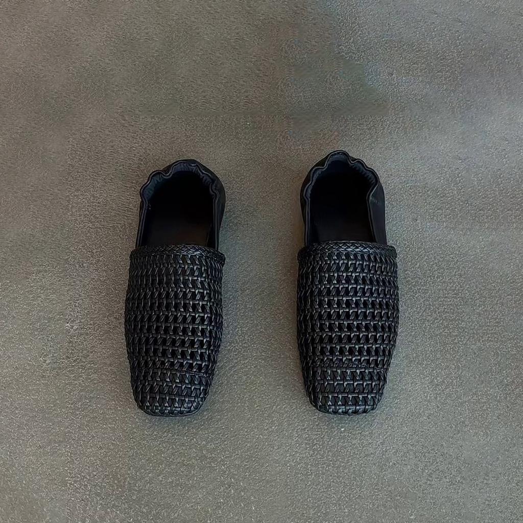 Viereckige Spitze, mittelhoher Rist, gewebtes Netz, hohl, atmungsaktiv, Einschlupf-Loafer, vielseitige Ballerinas für Frühling und Sommer