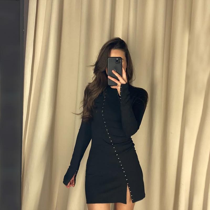 

Temperament women s clothing hot-selling hidden button design sense solid color slim-fitting figure long-sleeved dress hip-wrapped short skirt women S