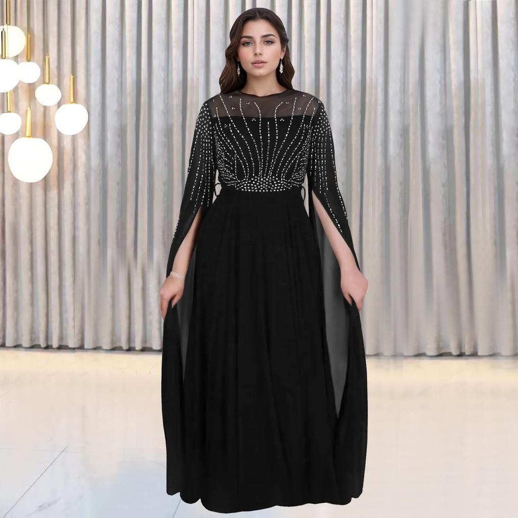 Elegant European & American Fashion Women's See-through Dress with Hot Drilling Details.