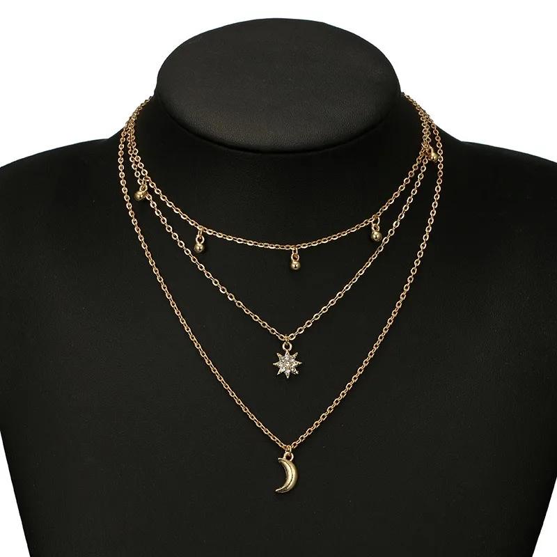 New Boho Vintage Multi Layered Crystal Pendant Necklaces for Women Luxury Gold Color Moon Cross Star Choker Chains Party Jewelry