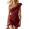 Women's Off Shoulder Ruffle Mini Dress Belted Solid Color Short Sleeve Summer Party Dress