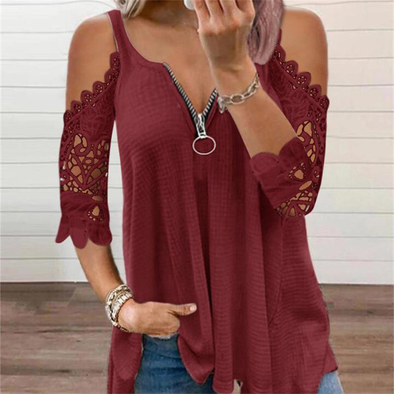 

2022 Эстетическая летняя новая однотонная футболка-туника с кружевными рукавами-лепестками, футболка с открытыми плечами, ажурный топ на молнии, свободный повседневный топ с v-образным вырезом