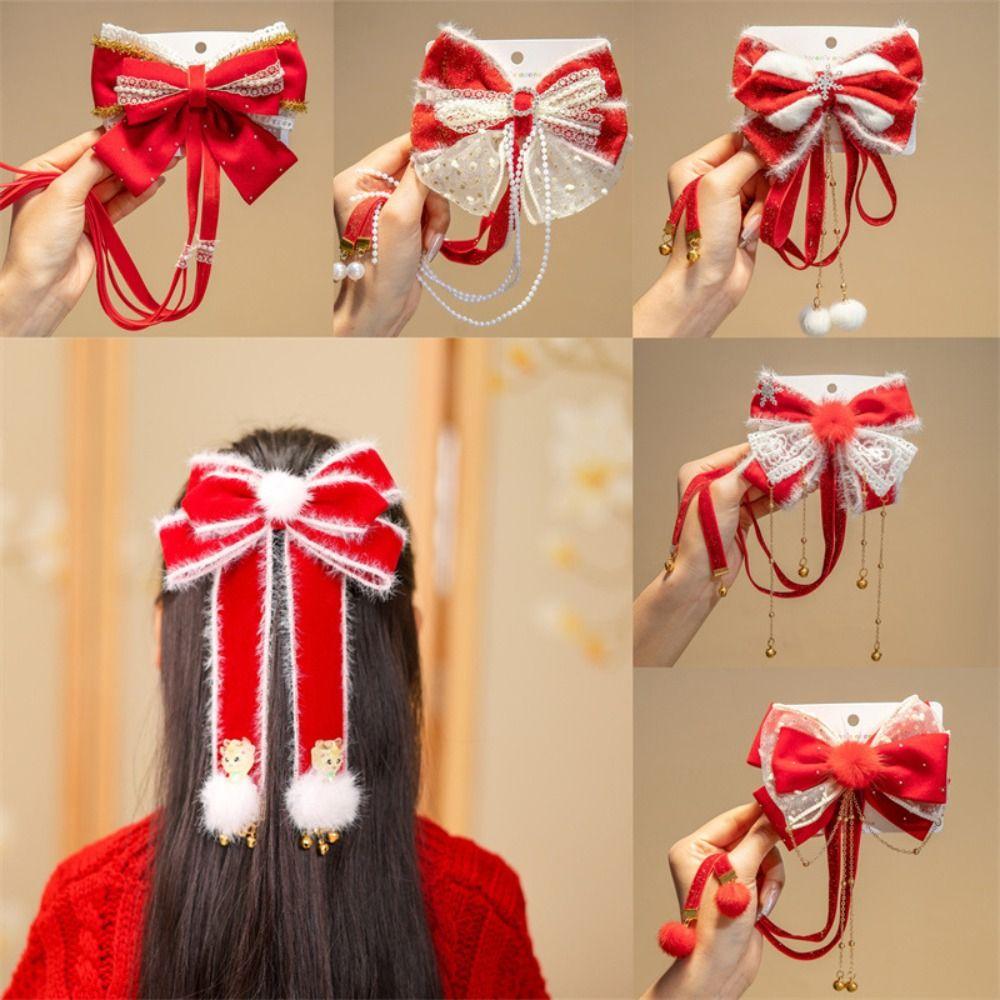 

Lion Red Bow Hair Clip Plush Ball Embroidered Bow Headwear Cute Children s Chinese Hairpin Winter style 10