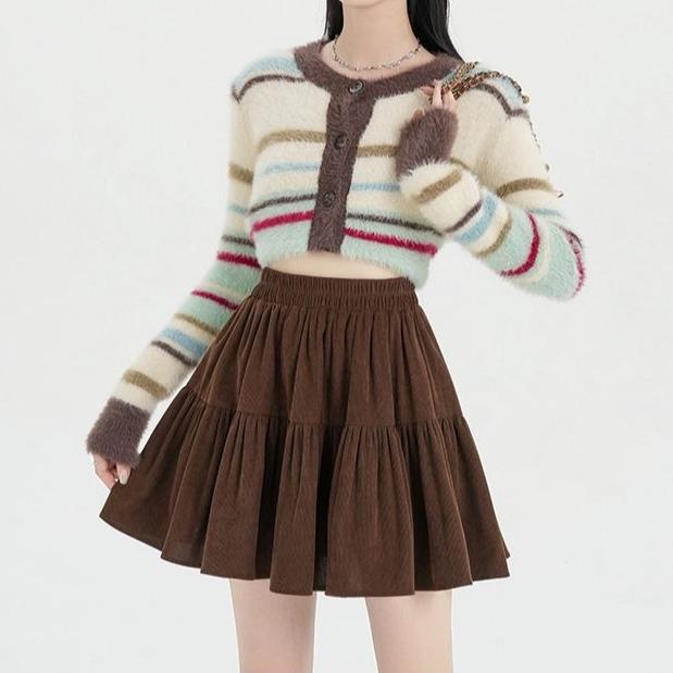 Women's Corduroy Umbrella Skirt High-Waist A-Line Skirt Autumn Short Mini Skirt