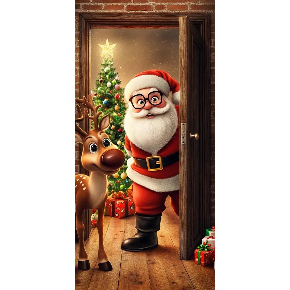 Christmas Door Cover Decoration Santa Claus Elk Open Door Welcome Christmas Background Indoor Outdoor Porch Banner Party