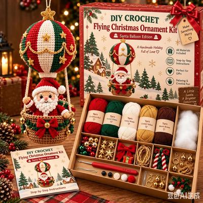 Flying Christmas DIY Crochet Kit, Handmade Xmas Ornament Knitting Set for Starter, Craft Yarn & Hook Kit, Christmas Gift
