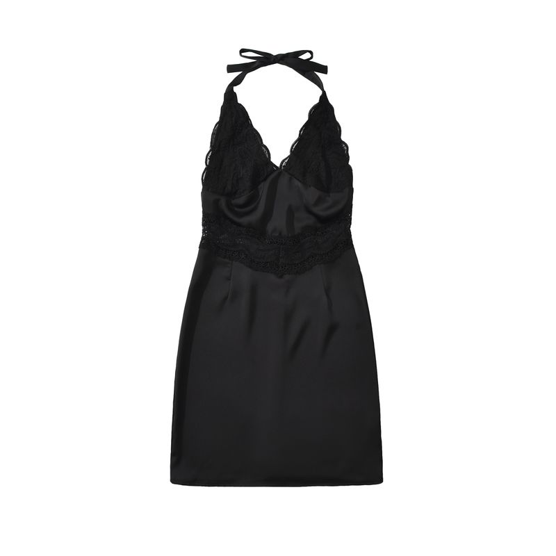 

Kaslead New Women clothes Western Style Fashion Slim fit Lace Stitching Hanging Neck Short dress Black L