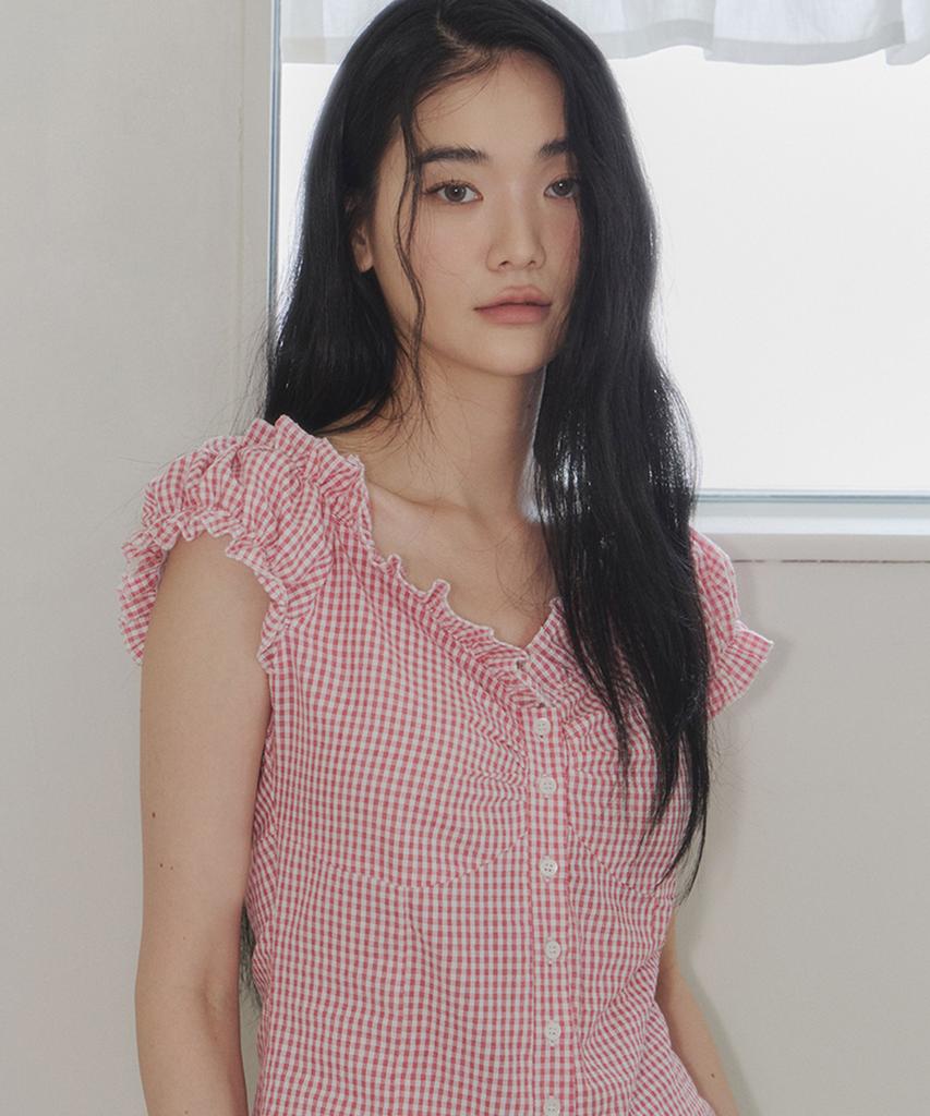 Seuteulaipeumagalin Silhouette Puff Shirred Lace Blouse Red