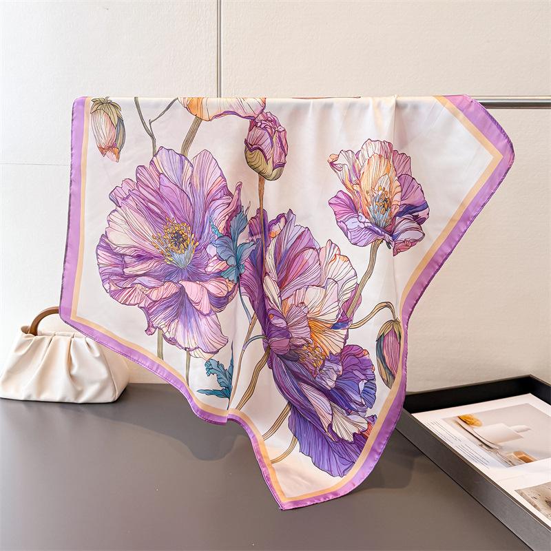 

Flower Print 70Cm Square Silk Women s Scarf Spring Summer Beach Satin Scarves Shawl Headband Bandana Hijab Wrap Lady Neckerchief 70x70cm