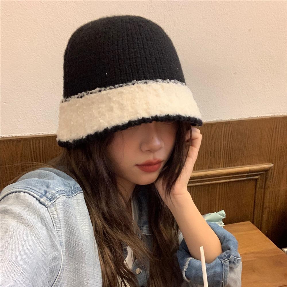 Knitted bucket hat women's autumn and winter new plush warm face small bucket hat fashion niche face cover basin hat