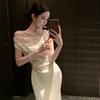 Cannes Moonlight White Satin Light Dress Slim-Fit Waist Slant Shoulder Sleeveless Dress Summer Dress Women
