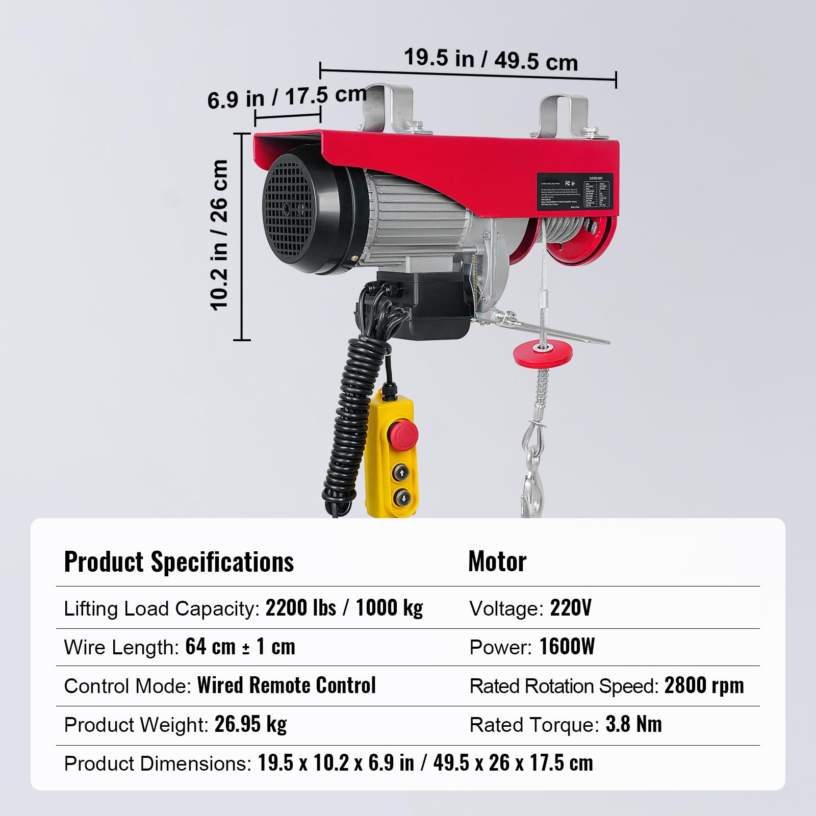 

SucceBuy 550-2200 фунтов Проводная электрическая таль Стальной трос Лебедка с 40-футовой одинарной высотой подъема троса для гаража, склада, завода