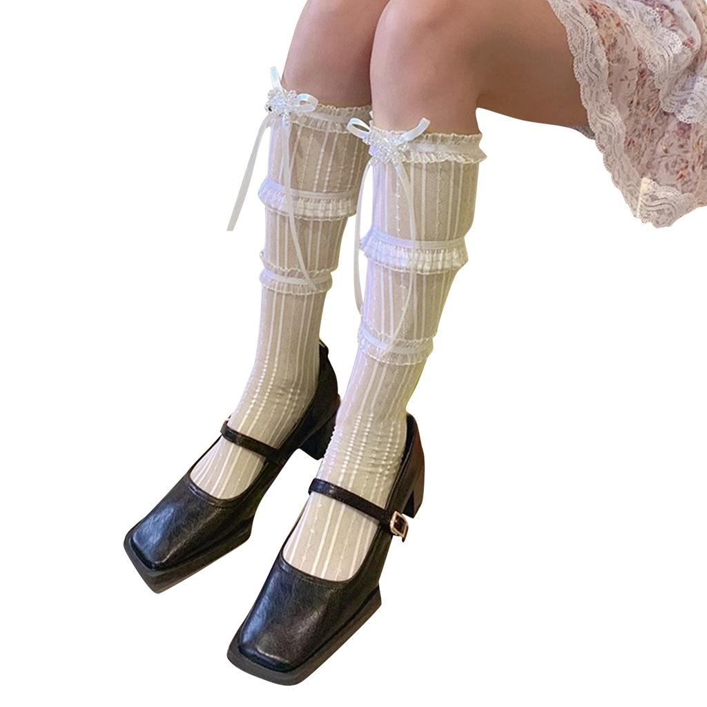 Women's Japanese Style Lace Striped Calf Socks Sweet Cute Ribbon Bows Middle Tube Stockings Sweet Knee High Socks