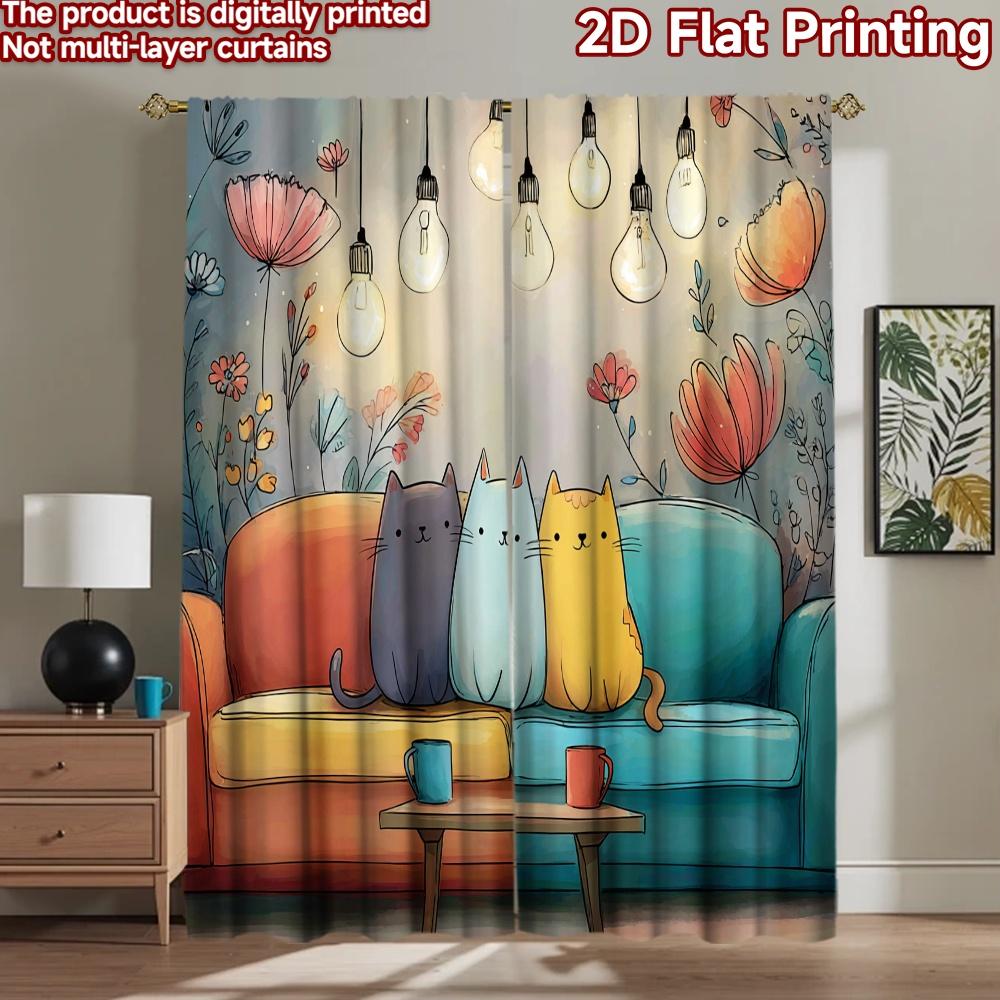 2D flat printing 2pcs Curtain Cute Cats Sofa Floral Digital Printed Polyester Drapes Seasonal Party & Holiday Decor Perfect for