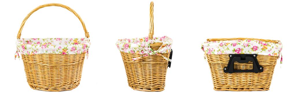 Natural wicker bicycle basket with handlebar insert, click flowers, plug-in