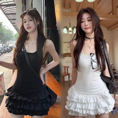 Elegant White Spaghetti Strap Dress - Ruffle Design Slim Fit Ballet A-line Skirt for Summer