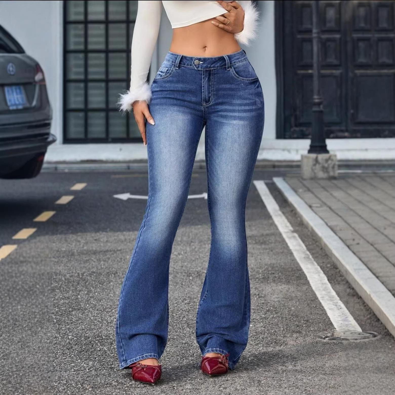 

Women s Versatile Dark Blue Casual Denim Jeans, Micro-Flare, Elastic Mid-Waist, European & American Style, All-Season 2026 XL