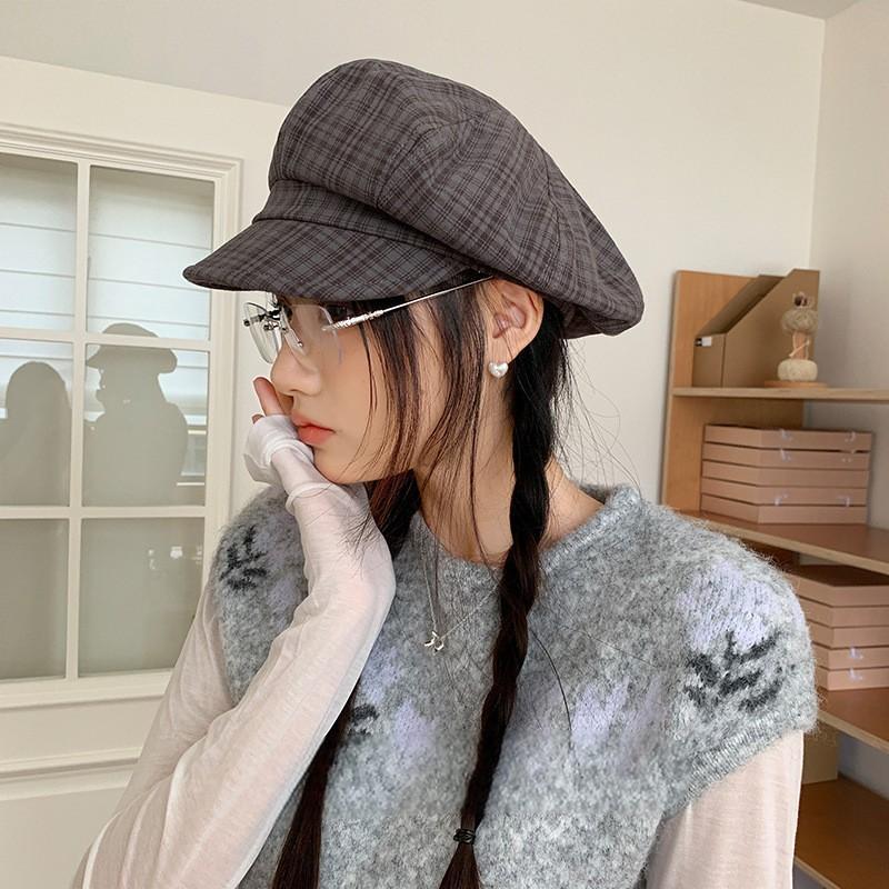 5 Early Autumn New Plaid Newsboy Hat Women's Big Head Circumference Shows the Small Beret Tide