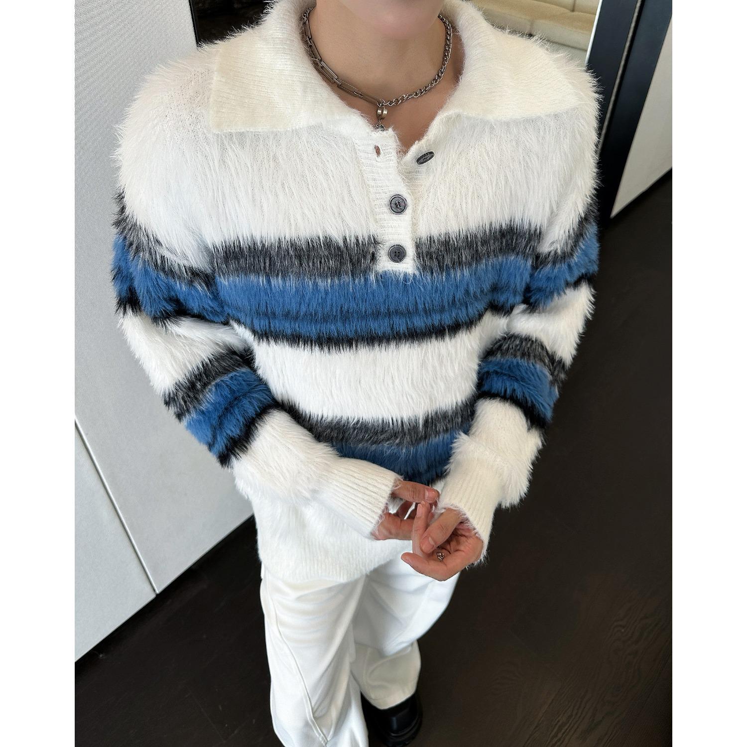 Унисекс модный полосатый свитер с воротником-поло - Осенне-зимний свободный трикотаж XXL