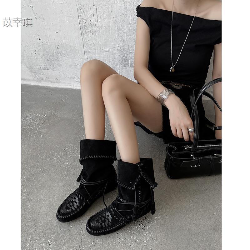 

Cowhide~ Inner heightening boots, retro fringed straps, western boots, women s genuine leather slim boots, foldable stacking boots 40