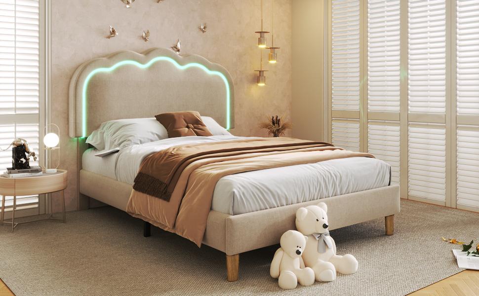 Upholstered Bed LED Single Bed 90 x 190 cm, Slatted Frame and Adjustable Headboard, in Beige, Youth Bed for Bedroom Guest Room - Linen Material