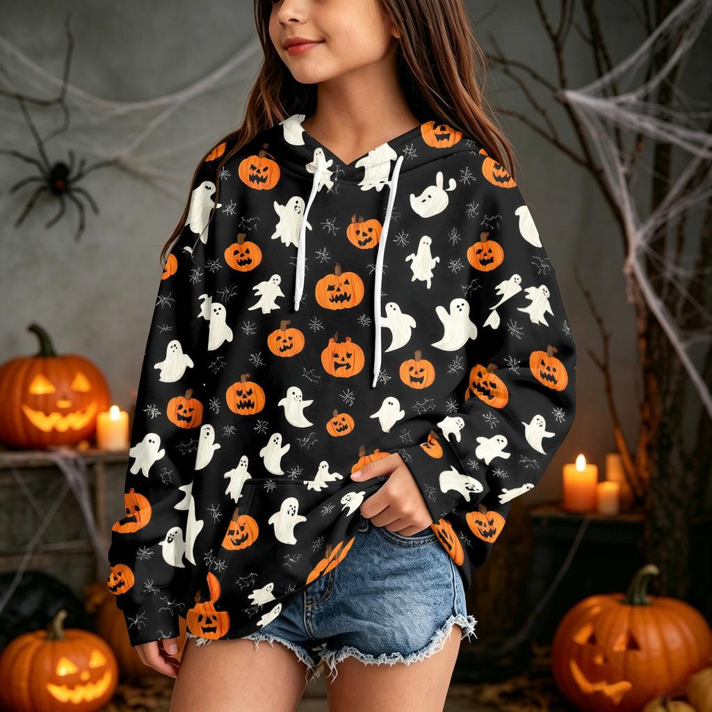 Kids Casual Halloween Print Hoodie for Holiday and Everyday Wear