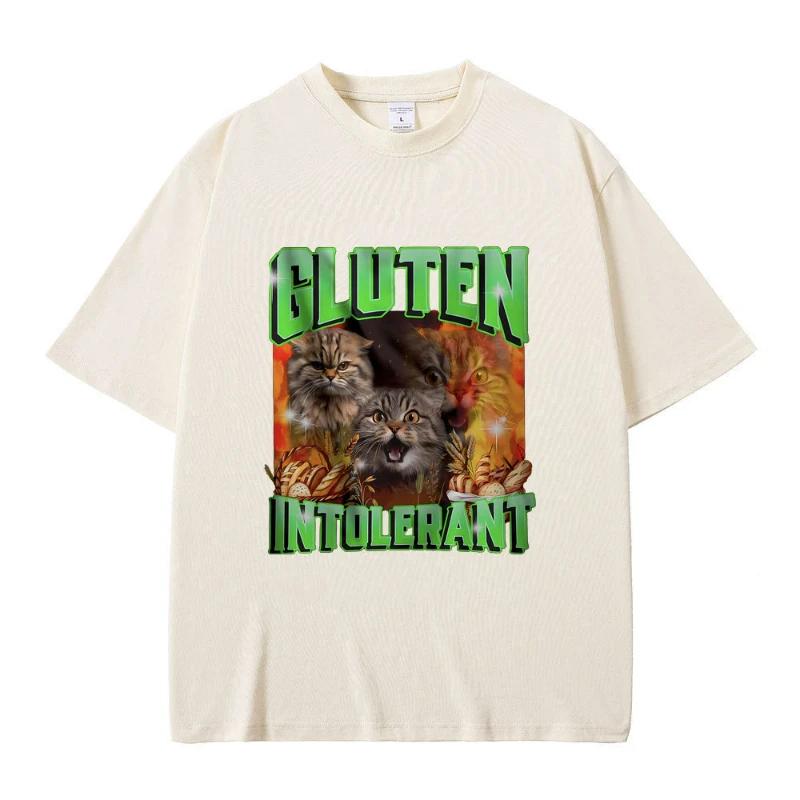Gluten In Tolerant Cat Funny Meme Print Tshirt Male Fashion Oversized Streetwear Men Women Casual Cozy Pure Cotton Short Sleeve