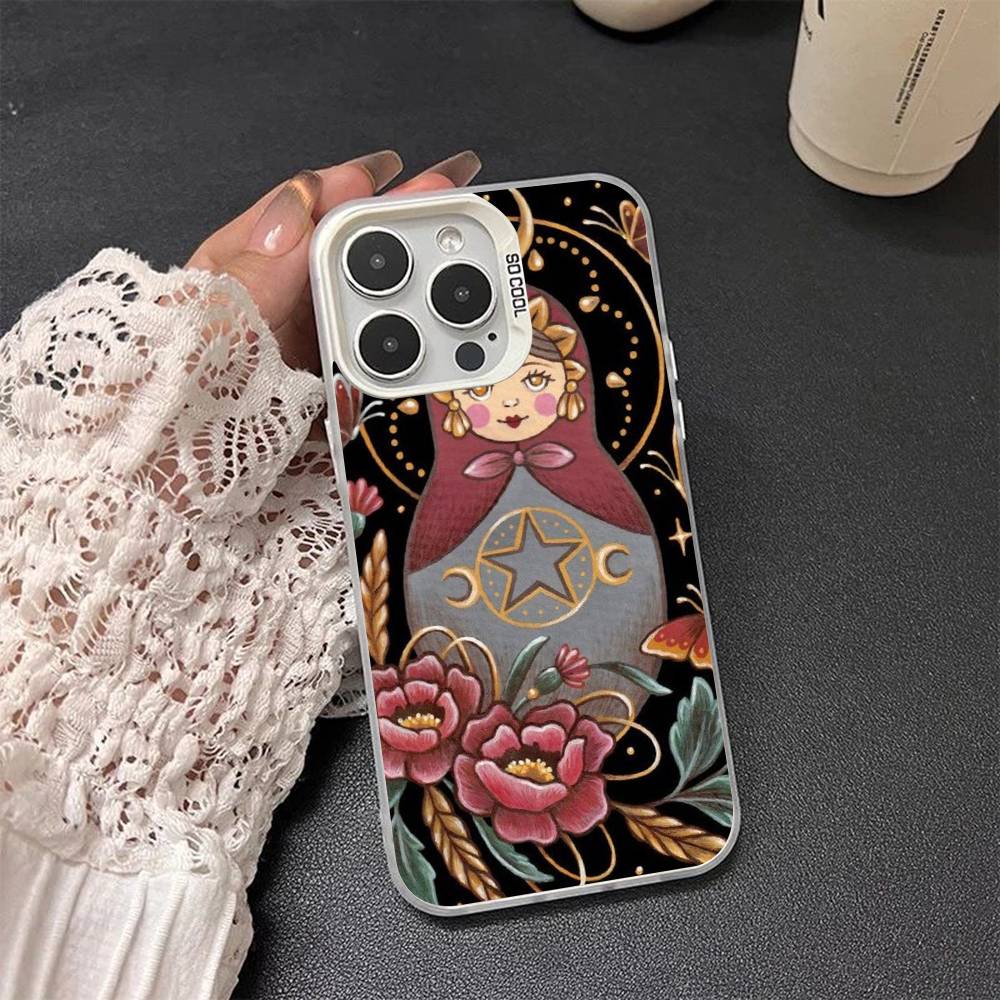 

Russian Traditional frosted Phone Case For iPhone 17 16 15 14 Plus 13 12 11 Pro Max X Xs XR Silver Hard Cover iPhone 14 Plus