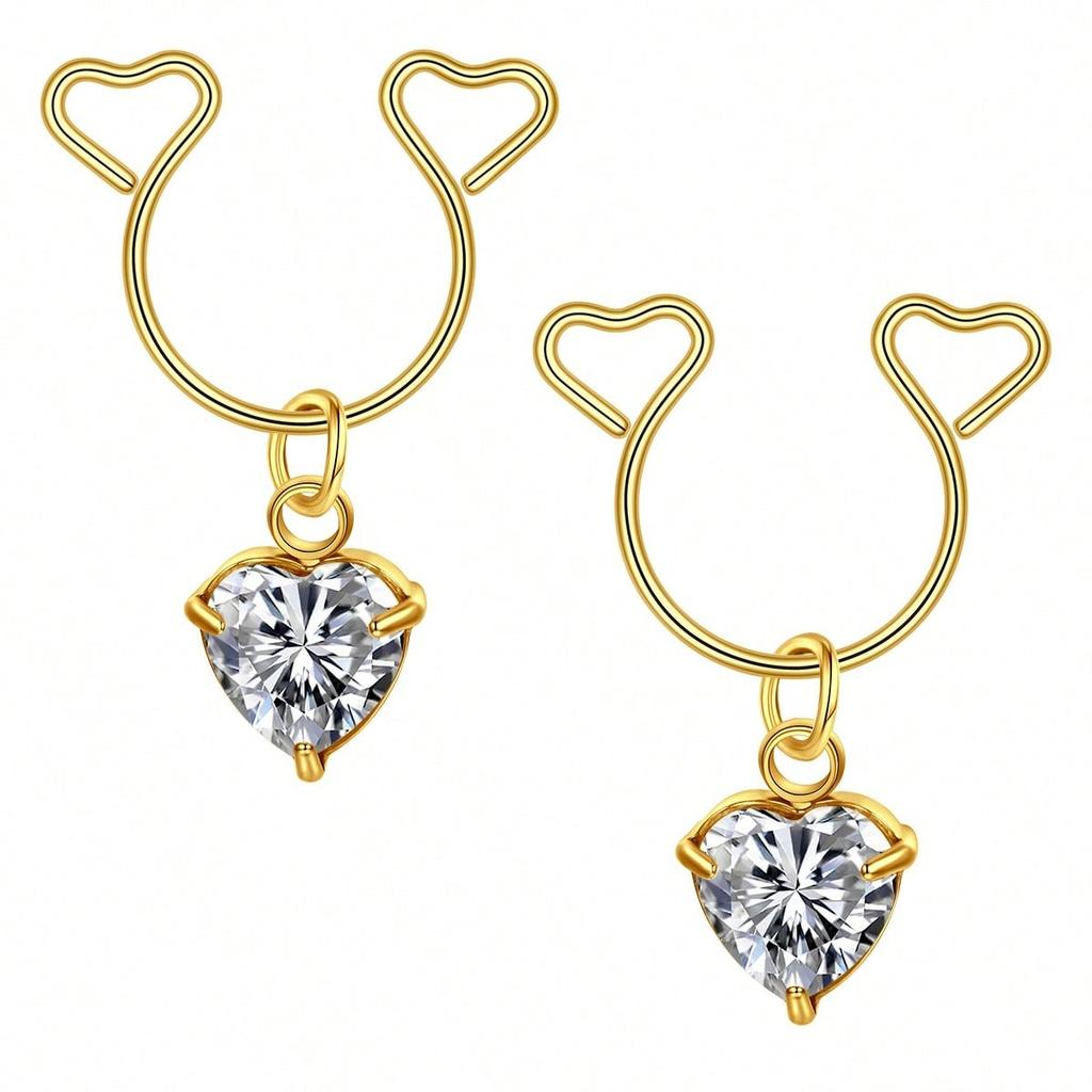 2 Pezzi Anello Finto Capezzolo a Forma di Cuore con Pendente Acciaio Inossidabile Anelli per Capezzoli Senza Perforazione Clip On Anelli per Capezzoli Piercing Finto per il Corpo