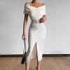 Women Dress Strapless Off Shoulder with Belt Solid Color Party Evening Dress for Office