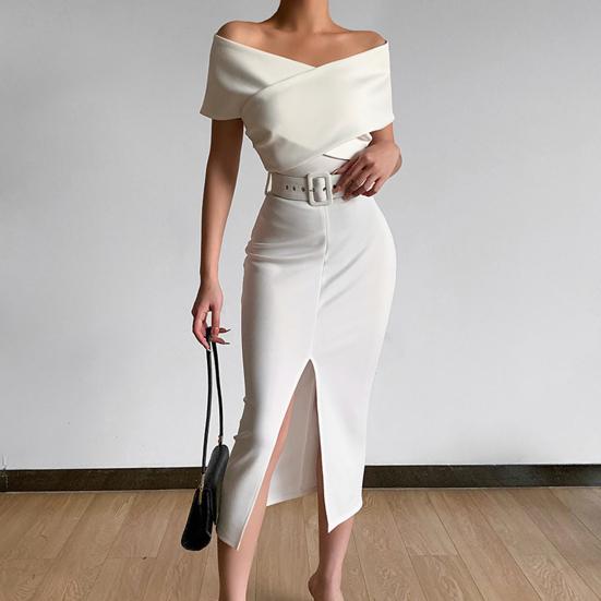 Women Dress Strapless Off Shoulder with Belt Solid Color Party Evening Dress for Office
