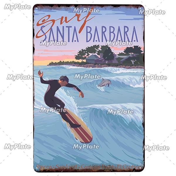 BEACH Metal Sign Vintage Plaque Surf Tin Sign Plate Wall Decor For Bar Pub Man Cave HawaiiKahunaSanta Barbara Poster Custom