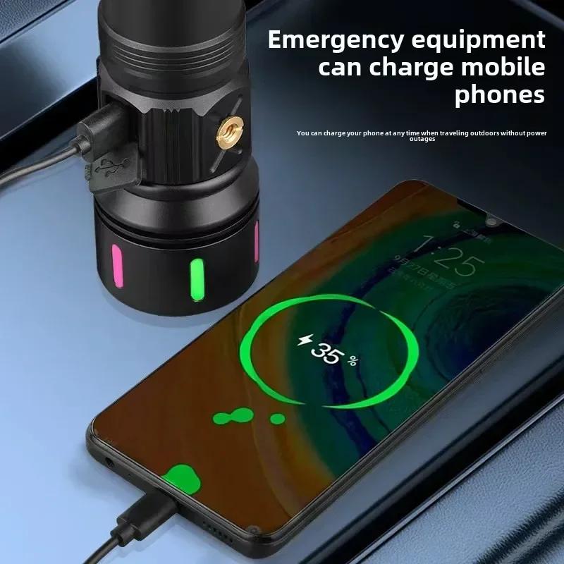 Super Bright 7070 LED Flashlight USB Rechargeable Tactical Zoom Flashlights with Red Yellow White Blue Light Spotlights Torch