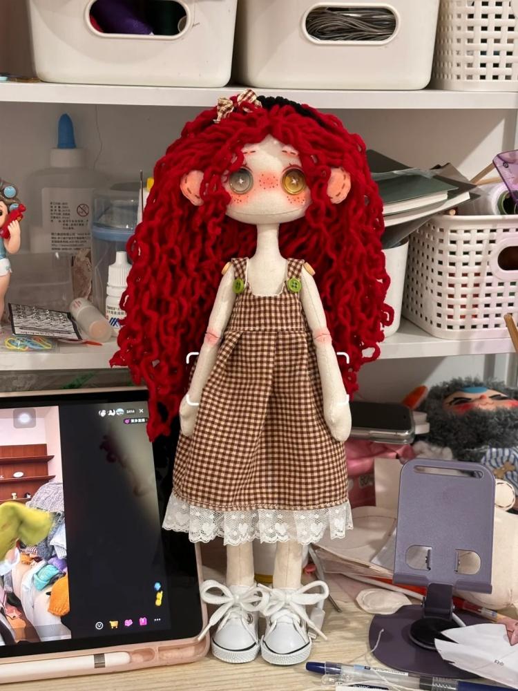 Hazbin Hotel Helluva Boss Doll Red Curly Hair Checkered Dress Anime Toy Handmade Gift for Animation Fans