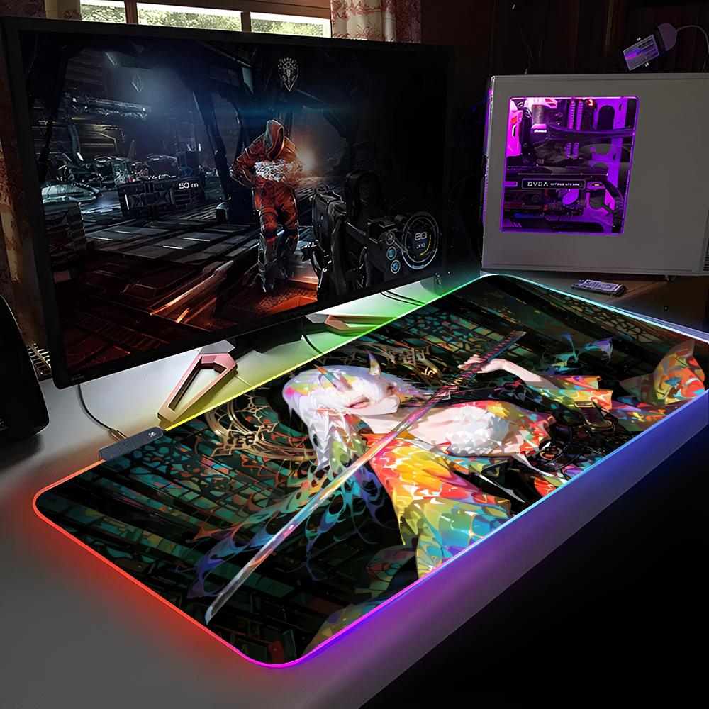 Anime Demon Girl Samurai Katana Mouse Pad RGB Backlit Mouse Pad Laptop Mouse Pad Laptop Gamer Computer Desk Gaming Accessories