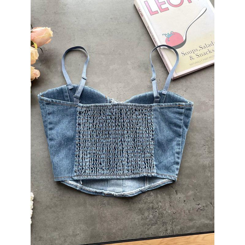 Pure Desire Sexy Denim Camisole Female Sexy with Breast Pad Slim-Fit All-Matching Short Beauty Back Chic Tied Top