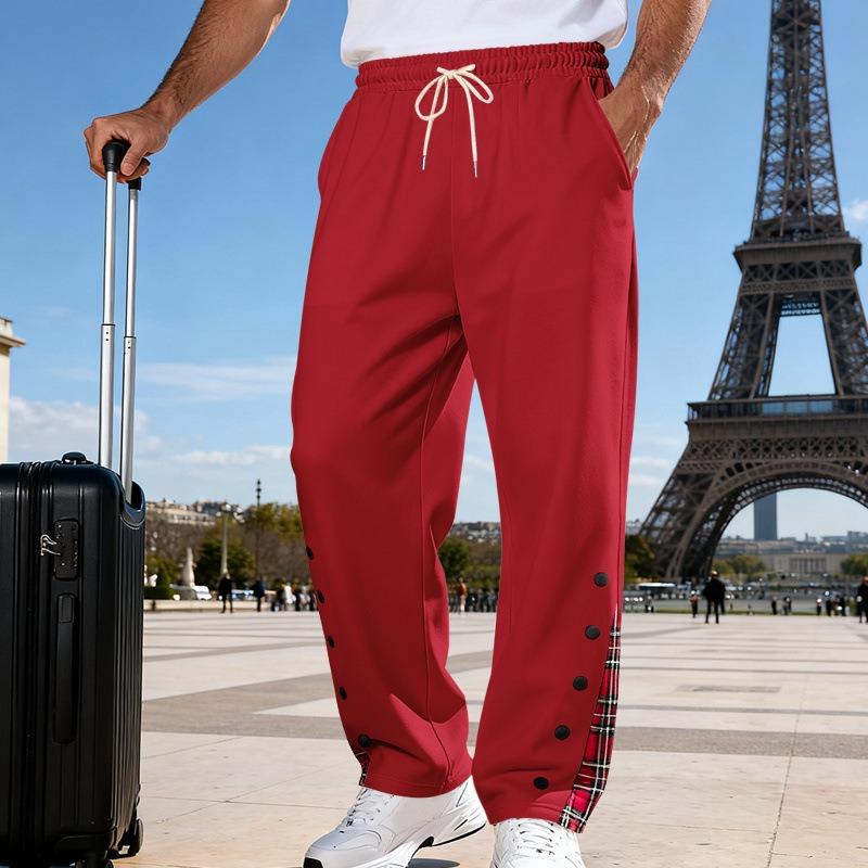 Men's Grey Plaid Patch Button Side Autumn Casual Sweatpants