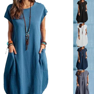 Letnie Sukienki Maxi Damskie Duże Rozmiary Dekolt Okrągły Krótki Rękaw Luźne Sukienki Letnie Oversize Sukienki Midi z Kieszeniami