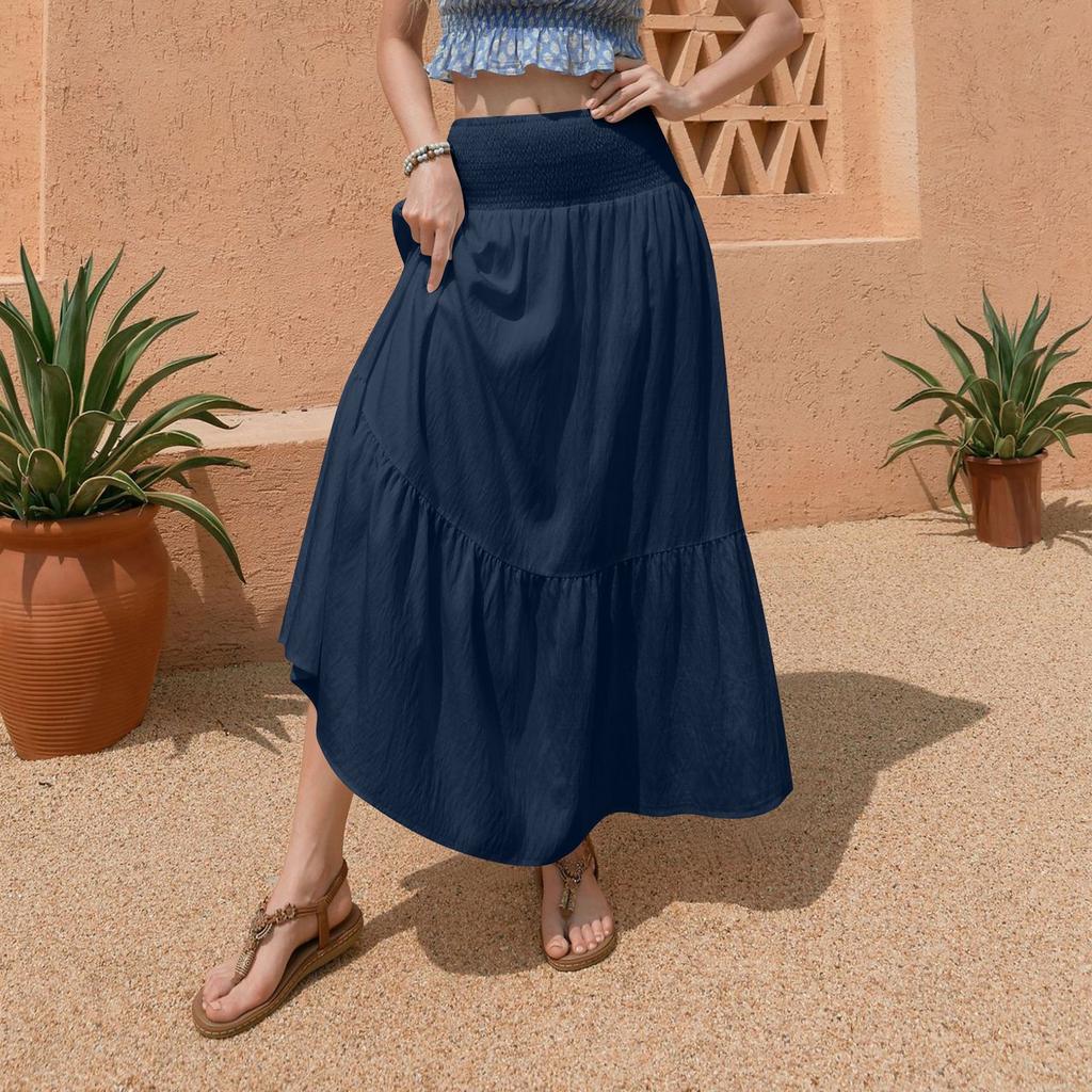 Falda Midi Casual Holgada de Verano para Mujer, Colorida, Cintura Elástica, Línea A, Bolsillo, Cintura Alta