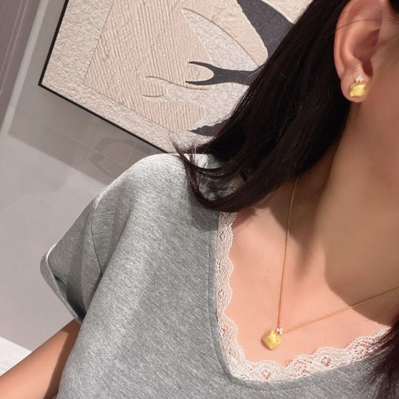 Italian Brushed Craft, Small Golden Bean Necklace, Stud Earrings, Retro Irregular Collarbone Chain, High-End Set.