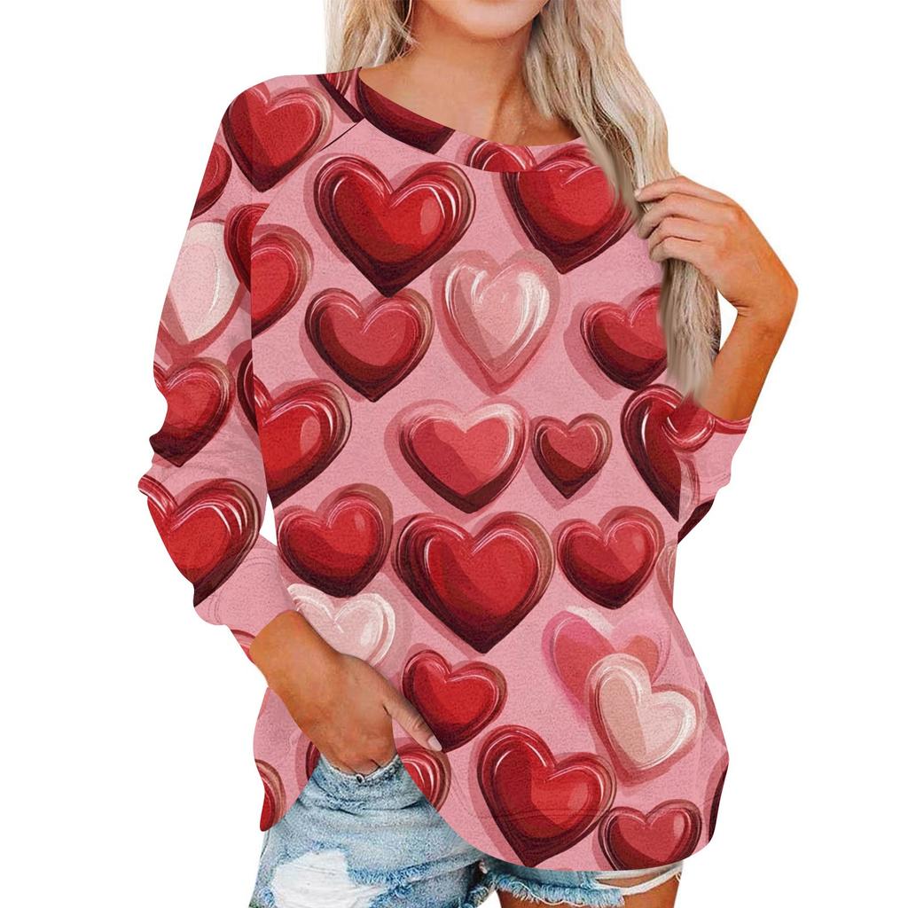 Damen Modisches Rundhals Schulter Langarm Valentinstag Bedrucktes Lässiges Pullover-Oberteil