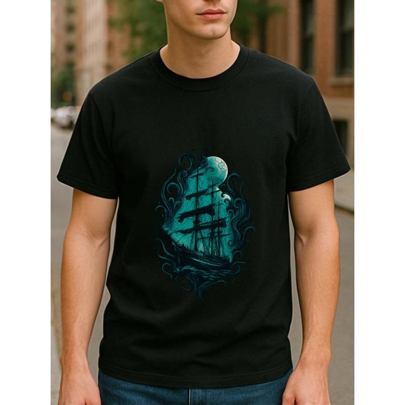 European sizes Men'S Vintage Sailboat and Magical Ripples Print Short-Sleeved T-Shirt | Regular Fit, Sweat-Absorbing, Quick-Drying