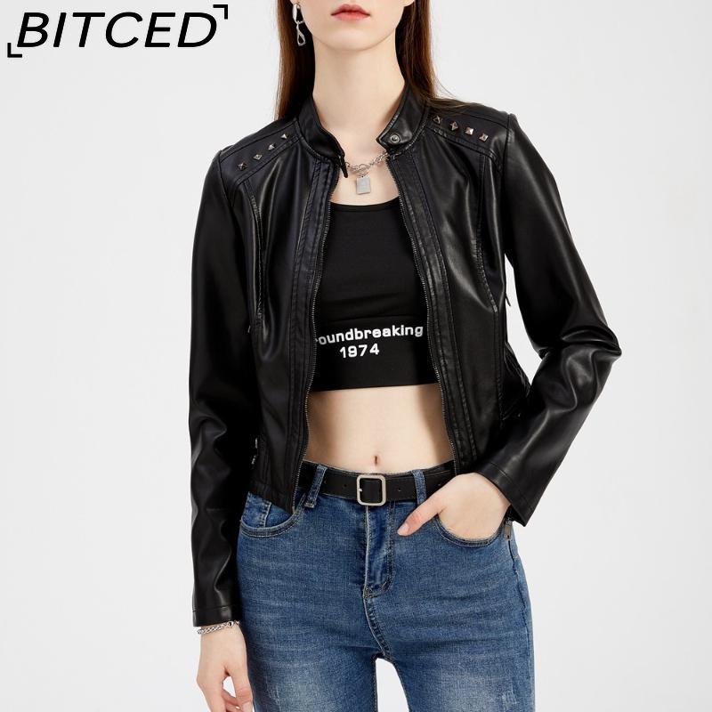 BITCED Women's Studded Leather Jacket Spring/Autumn Long-Sleeved Stand-Collar Fashion Jacket