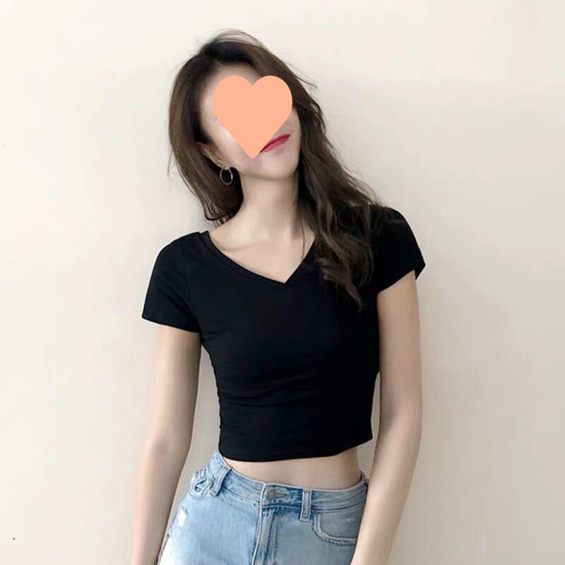 Double V-Neck Sweetheart High-Waist Crop Top - Short-Sleeved, Backless, Casual Versatile T-Shirt